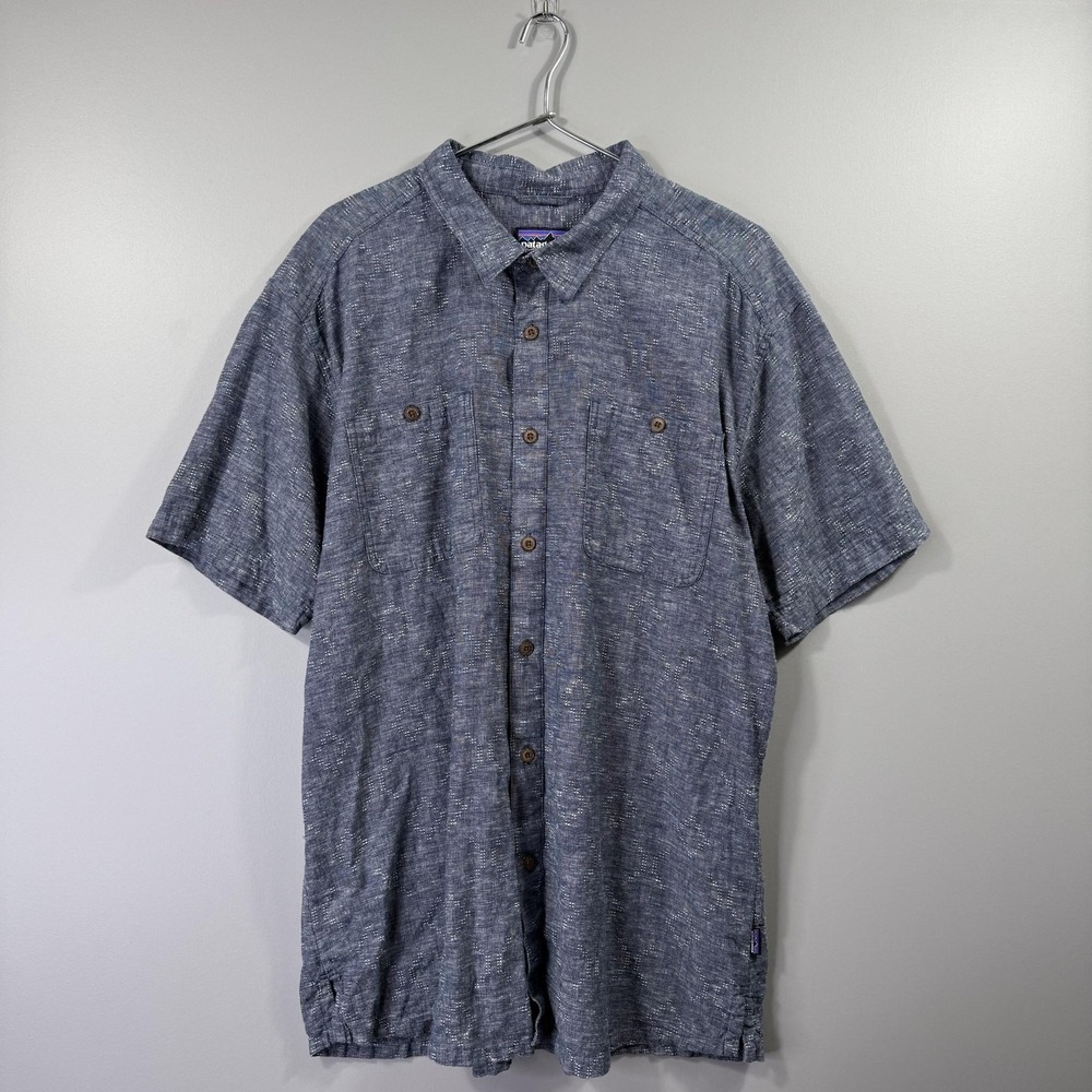 Patagonia Shirt Mens XL Blue Geometric Woven Short Sleeve Button Front Casual